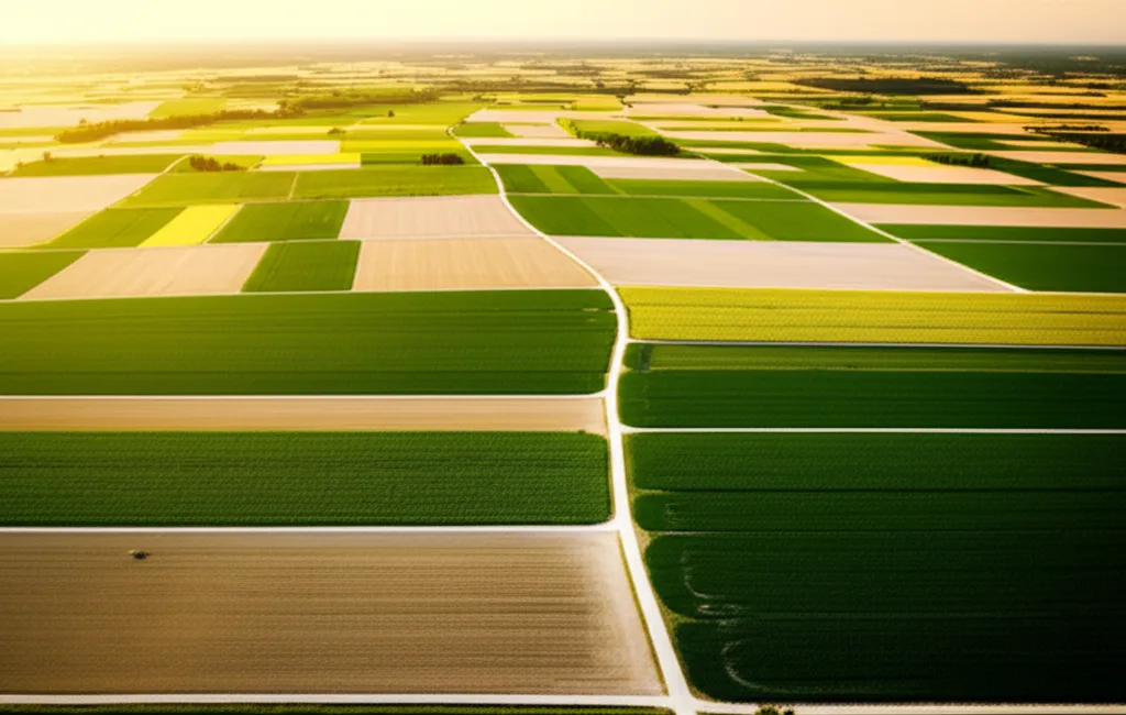 新NISA 40代の満額戦略｜高年収が使うべき最速ロードマップ - 広大な青空の下、整然と広がる農地の航空写真。区画ごとに異なる作物が育つ俯瞰のシーン