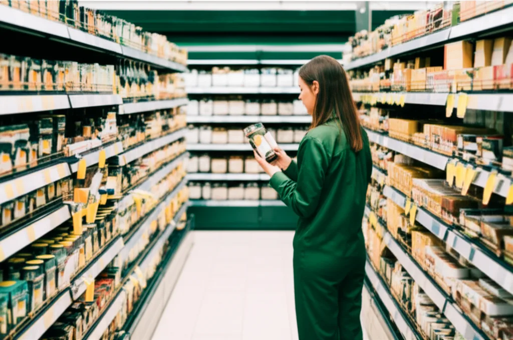 新NISA 40代の満額戦略｜高年収が使うべき最速ロードマップ - 都市のスーパーマーケットの棚に並ぶ商品を手に取る買い物客のシーン。価格タグが並ぶ棚の前で立ち止まる女