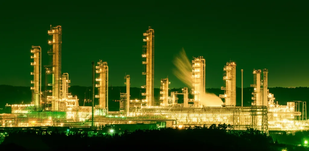 半導体「腹くくり投資」から学ぶ個人投資の決断術 - 夜の東京の工業地帯、煙突と光が交差する遠景の風景