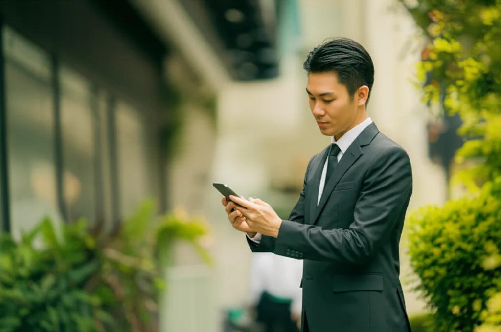 半導体「腹くくり投資」から学ぶ個人投資の決断術 - 朝のオフィスビル前でスマートフォンを見ながら立つスーツ姿のビジネスパーソン