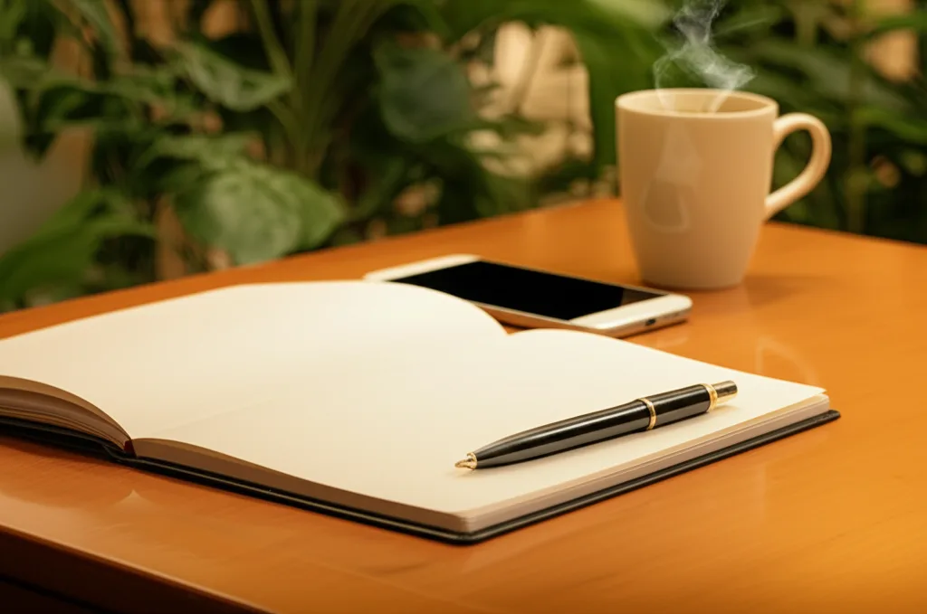 半導体「腹くくり投資」から学ぶ個人投資の決断術 - 整然としたデスクの上に置かれたノートとペン、スマートフォン、コーヒーカップ