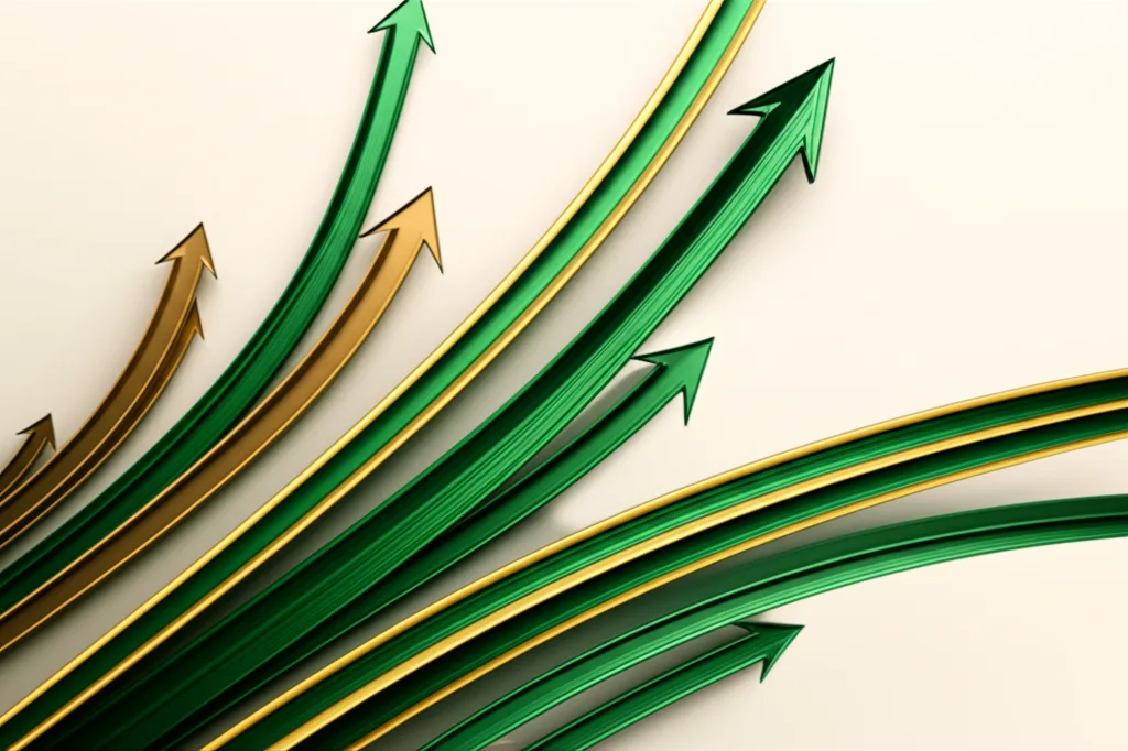 半導体「腹くくり投資」から学ぶ個人投資の決断術 - 複数の矢印が一点に収束するイメージ、抽象的なビジネスコンセプトの写真