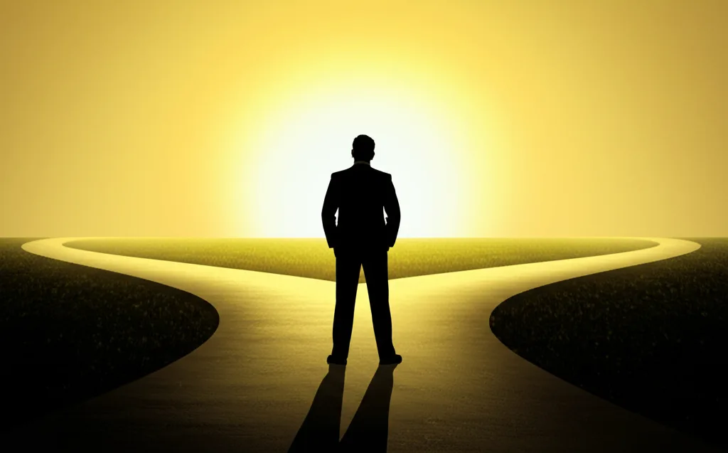 半導体「腹くくり投資」から学ぶ個人投資の決断術 - 分岐点に立つ一人のビジネスパーソンのシルエット、夕暮れの空を背景に