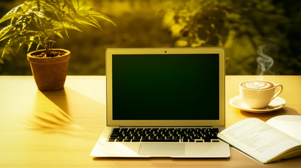 会社員投資8年で1億円｜ニッチトップ企業を狙う資産形成術 - カフェのテーブルに置かれたノートパソコンと財務資料、コーヒーカップ