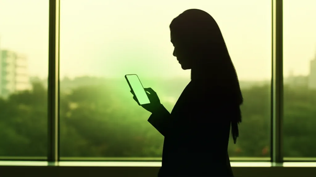 会社員投資8年で1億円｜ニッチトップ企業を狙う資産形成術 - スマートフォンで株価チャートを確認するビジネスパーソン、オフィスの窓辺