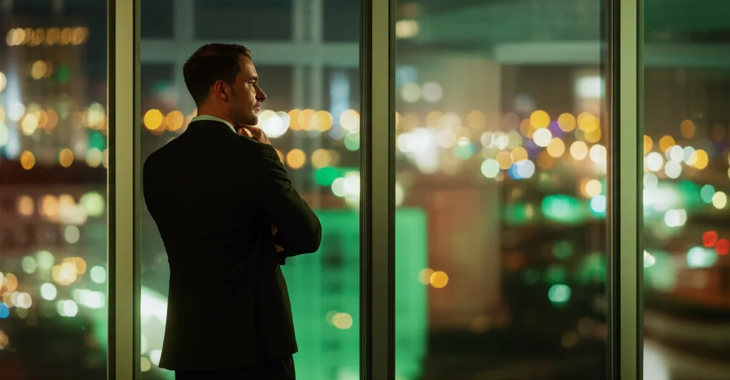 会社員投資8年で1億円｜ニッチトップ企業を狙う資産形成術 - 高層ビルのオフィスで考え込むスーツ姿のビジネスマン、夜景を背景に