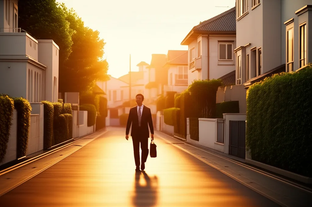 会社員投資8年で1億円｜ニッチトップ企業を狙う資産形成術 - 東京の住宅街の夕暮れ、帰宅途中のビジネスパーソンのシルエット