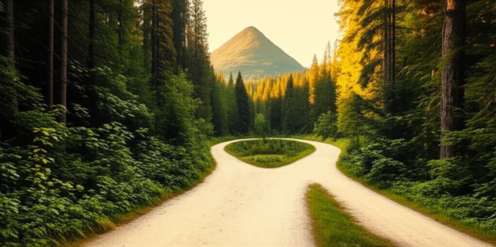 会社員投資8年で1億円｜ニッチトップ企業を狙う資産形成術 - 二股に分かれた山道と、遠くに見える山頂の景色