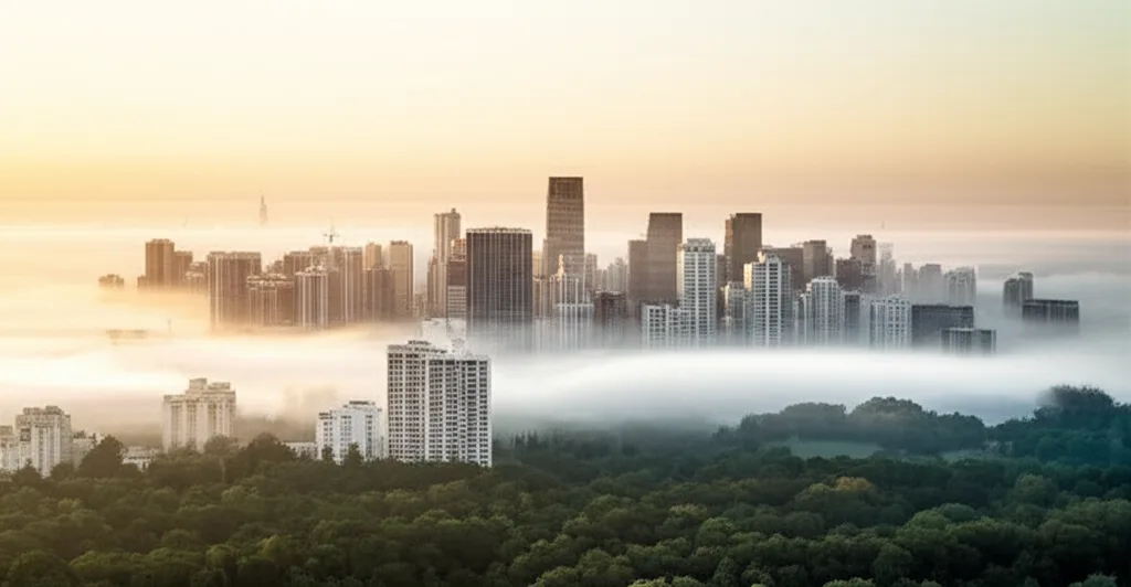 会社員投資8年で1億円｜ニッチトップ企業を狙う資産形成術 - 夜明けの都市スカイラインと、遠くに広がる地平線の光