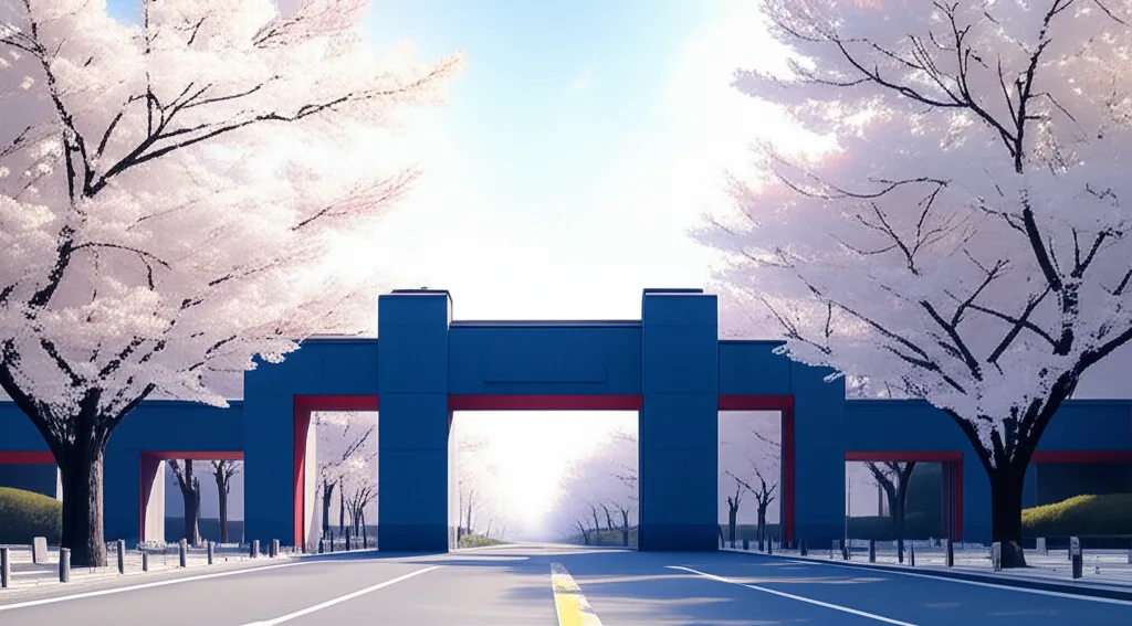 新NISA×子供の教育資金｜0歳から始める完全戦略ガイド - 日本の都市部にある私立学校の正門と桜並木、春の朝