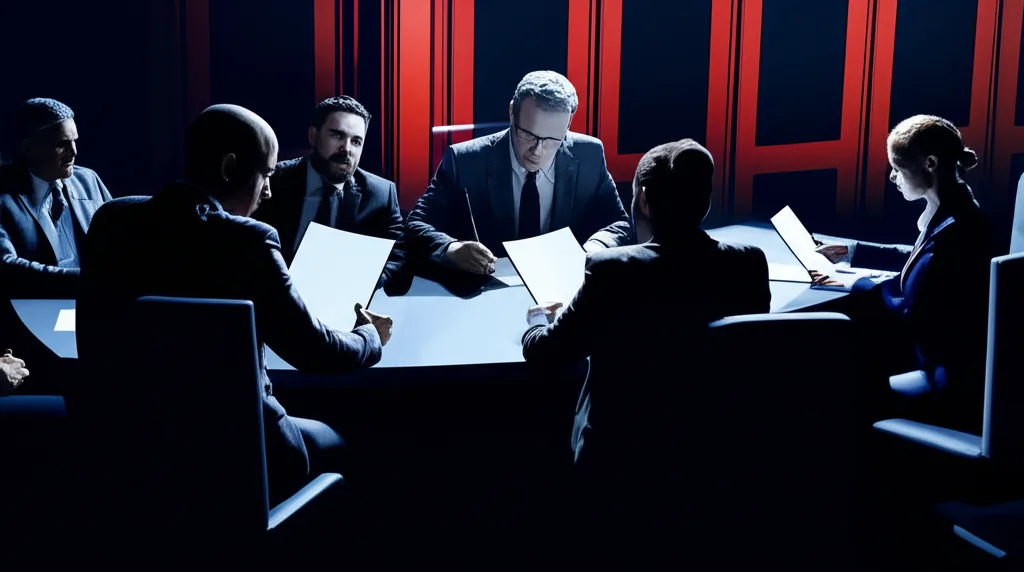 新NISA改正2026年版:金融所得課税強化と高所得者の資産防衛策 - 国会委員会室で資料を見ながら議論する政治家たちのシルエット