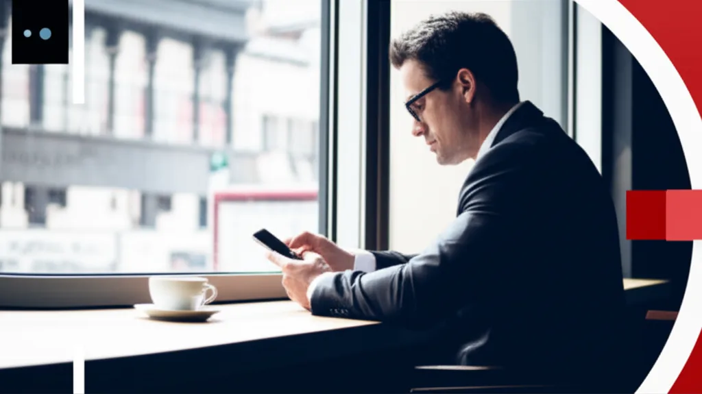 NISA改正2026と金融所得課税の行方|新政権下の資産防衛術 - 明るいカフェの窓際でスマートフォンを操作する30代のビジネスパーソン、コーヒーカップが隣に置かれてい