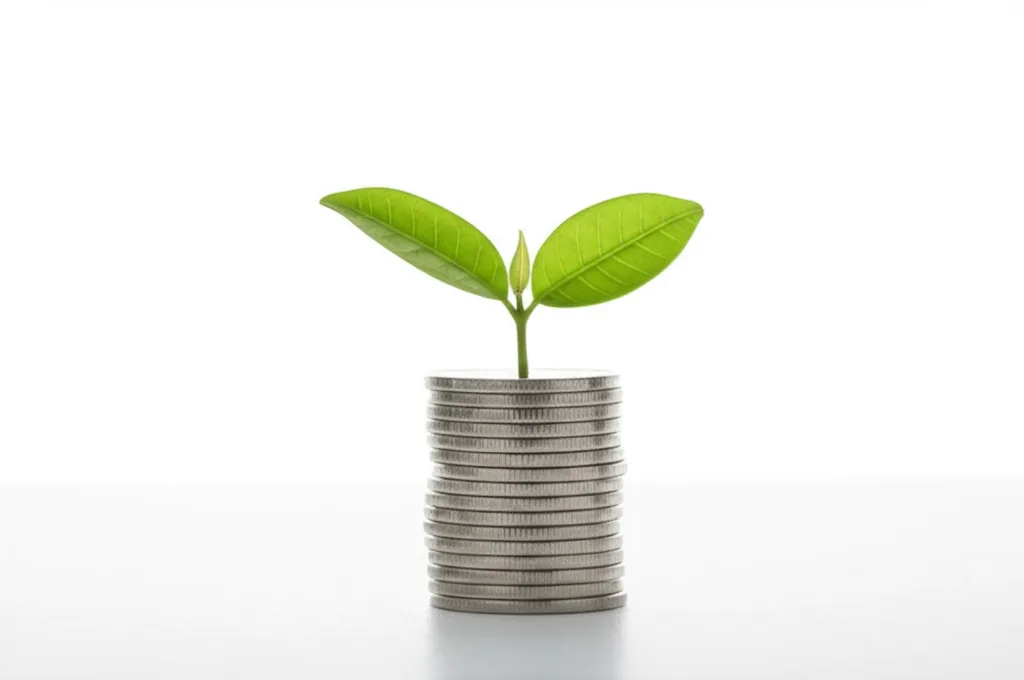 新NISA×子供の教育資金｜0歳から始める完全戦略ガイド - 積み上がったコインと緑の芽が育つイメージ、白背景のミニマルな構図