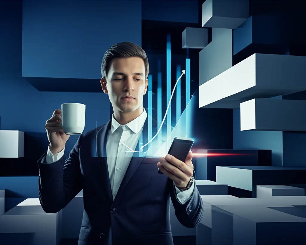 新NISA改正2026年版:金融所得課税強化と高所得者の資産防衛策 - スマートフォンで株価チャートを確認しながらコーヒーを飲むビジネスマン