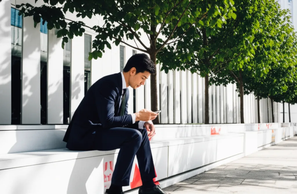 新NISA改正の重要ポイント3選｜枠拡大と恒久化の活かし方 - 都市部の公園で、スーツを着たまま木陰のベンチに座りスマートフォンを見る男性ビジネスパーソン