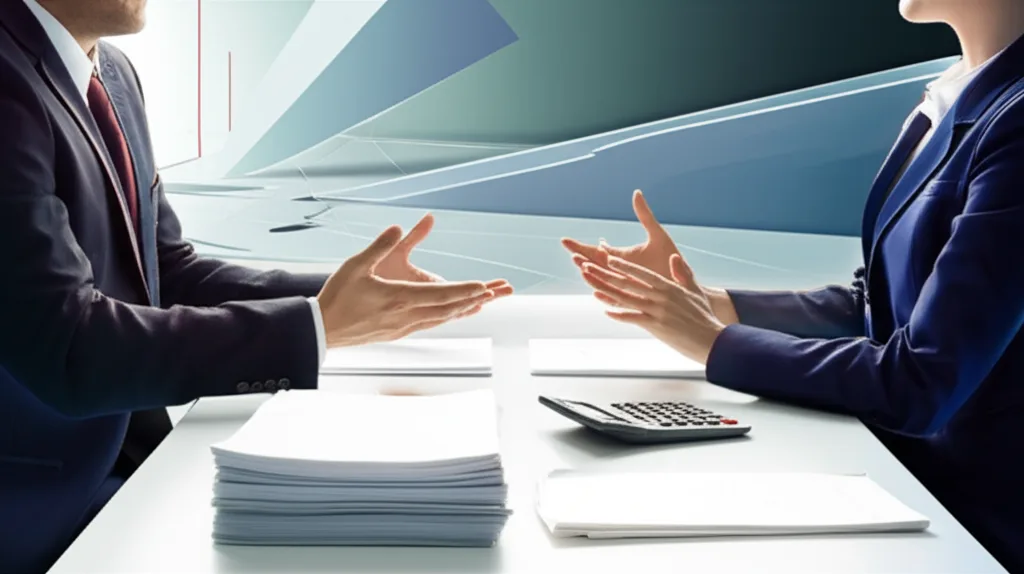 新NISA×子供の教育資金｜0歳から始める完全戦略ガイド - 書類と電卓を前にしたビジネスマンと税理士が向かい合って打ち合わせをしているシーン