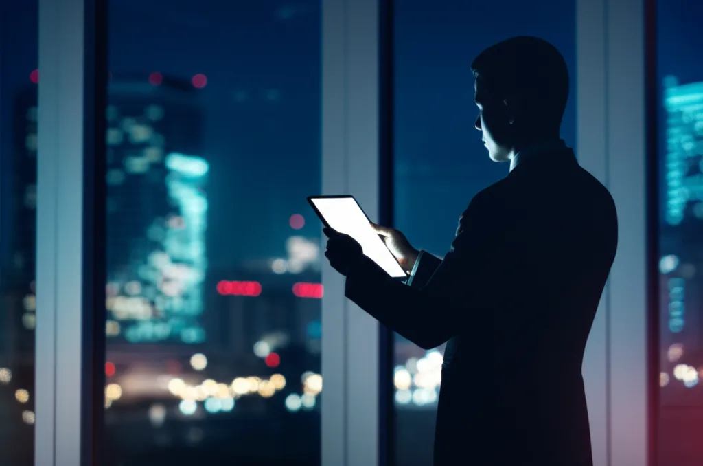 NISA改正2026の論点を整理｜こどもNISA・金融所得課税の行方 - 高層ビルのオフィスで夜景を背景にタブレットを見るビジネスマンのシーン