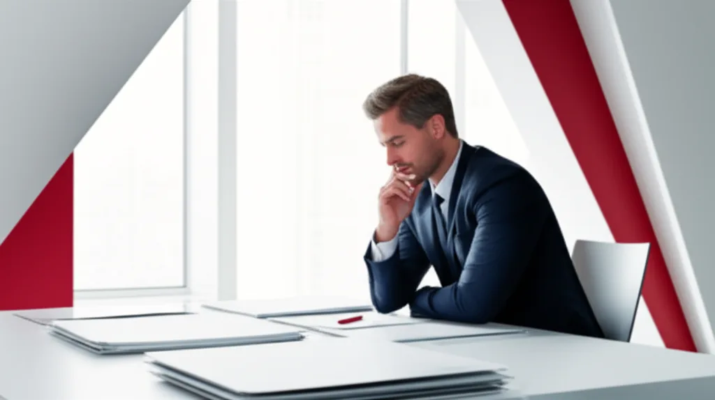 新NISA改正2026年版:金融所得課税強化と高所得者の資産防衛策 - 白いオフィスの窓際で書類を広げながら考え込む30代のビジネスパーソン