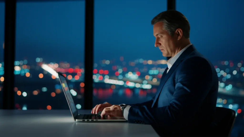NISA改正2026と金融所得課税の行方|新政権下の資産防衛術 - 高層ビルのオフィスで夜景を背景にノートパソコンを操作する40代のスーツ姿のビジネスマン