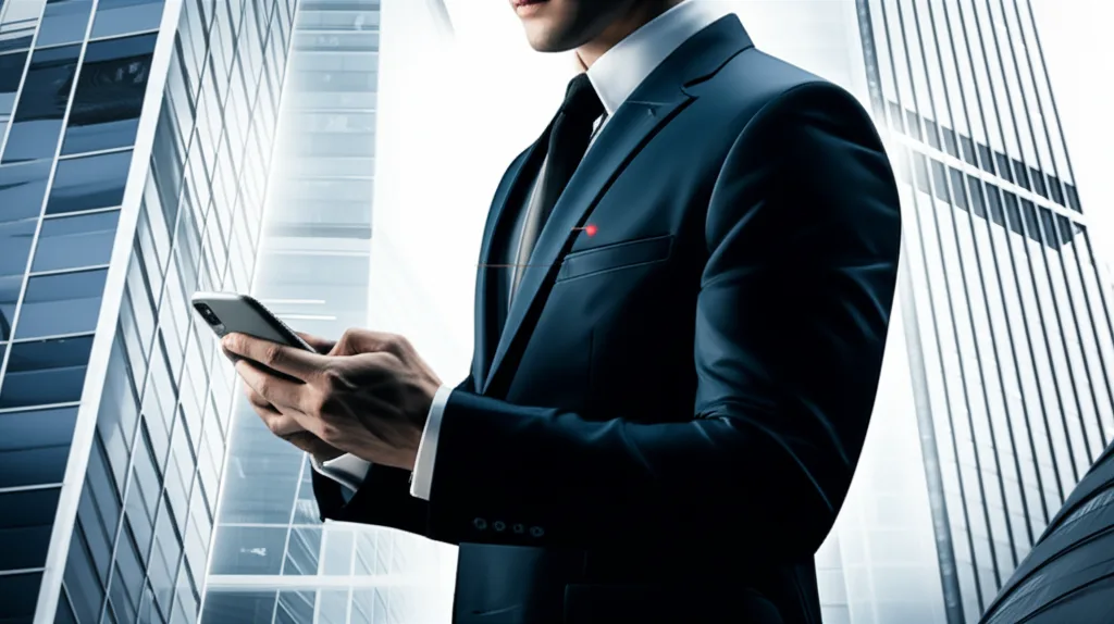 新NISA×子供の教育資金｜0歳から始める完全戦略ガイド - 都心のオフィスビルを背景に、スーツ姿でスマートフォンを操作する30代のビジネスパーソン