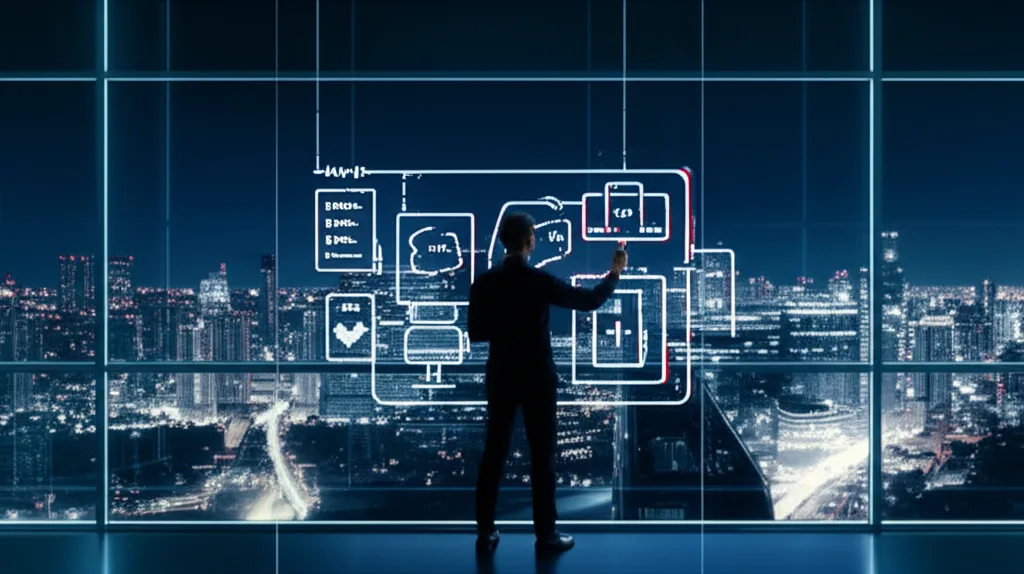 新NISA改正2026年版:金融所得課税強化と高所得者の資産防衛策 - 都心の高層ビルが並ぶ夜景を背景に、会議室でホワイトボードを使って説明するコンサルタント