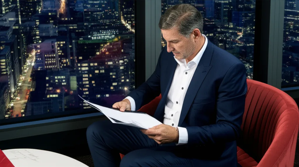 NISA改正2026と金融所得課税の行方|新政権下の資産防衛術 - 都心の高層マンションのラウンジで書類を確認する40代の男性、窓の外に夜景が広がる