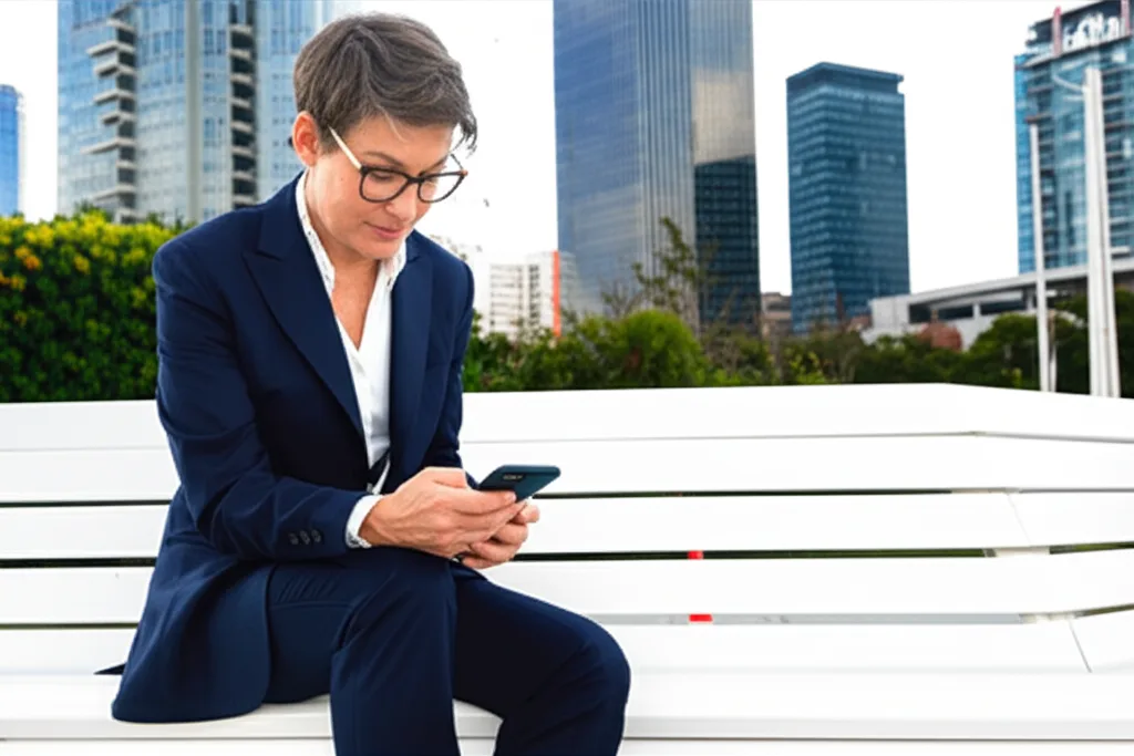 NISA改正2026と金融所得課税の行方|新政権下の資産防衛術 - 朝日を浴びながら都市公園のベンチでスマートフォンを見る50代のビジネスパーソン、遠景に高層ビル群