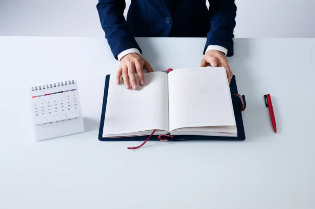 NISA改正2026の論点を整理｜こどもNISA・金融所得課税の行方 - 手帳とカレンダーを広げてスケジュールを確認するビジネスパーソンのシーン