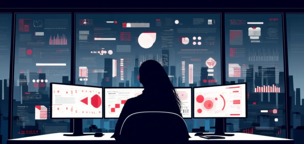 新NISA改正2026年版:金融所得課税強化と高所得者の資産防衛策 - 窓から都市の景色が見えるモダンな書斎で、複数のモニターを前にデータを確認する人物