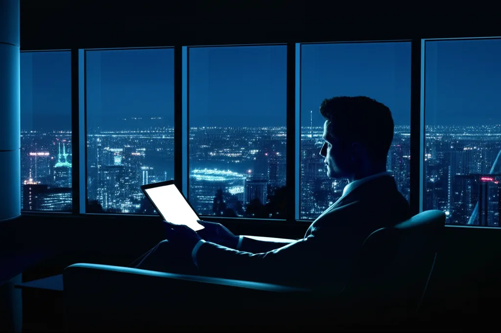 新NISA改正2026年版:金融所得課税強化と高所得者の資産防衛策 - 夜の都市を見下ろす高層マンションのラウンジで、タブレットを手に寛ぐビジネスパーソンのシルエット