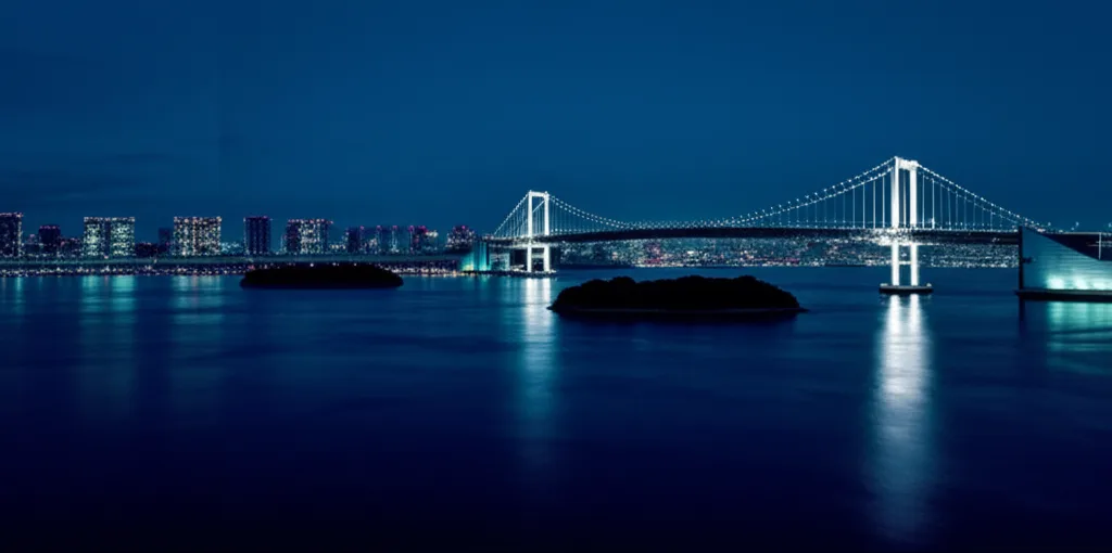 NISA改正2026と金融所得課税の行方|新政権下の資産防衛術 - 夜明けの東京湾岸エリア、橋と水面に映る光、遠景に都市のシルエット