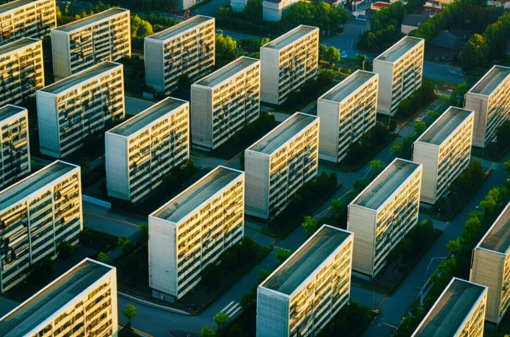 不動産投資2025年｜市場動向と会社員が取るべき戦略 - 都市部の住宅街を俯瞰した空撮、整然と並ぶ集合住宅と緑の街路樹