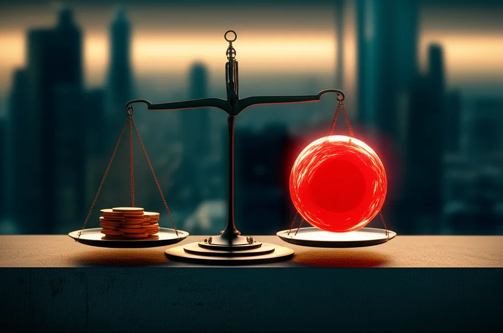 不動産投資2025年｜市場動向と会社員が取るべき戦略 - 天秤のクローズアップ、一方に金貨、もう一方に赤い警告マーク、暗めのトーン