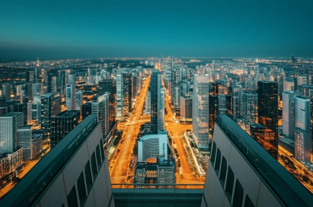 不動産投資2025年｜市場動向と会社員が取るべき戦略 - 夜の東京都心を見渡す高層ビルの展望台、輝くビル群と遠くまで続く光の帯