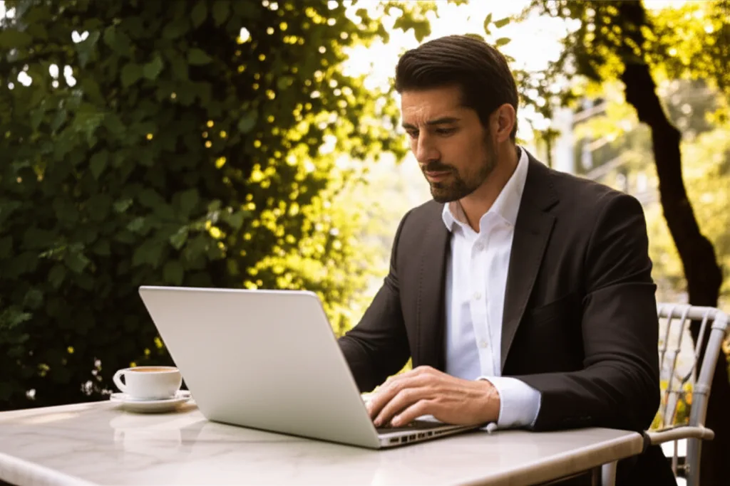 不動産投資はサラリーマンが有利？与信・融資・向いている人を解説 - カフェのテラス席でノートパソコンを開き、資料を確認するスーツ姿の30代男性
