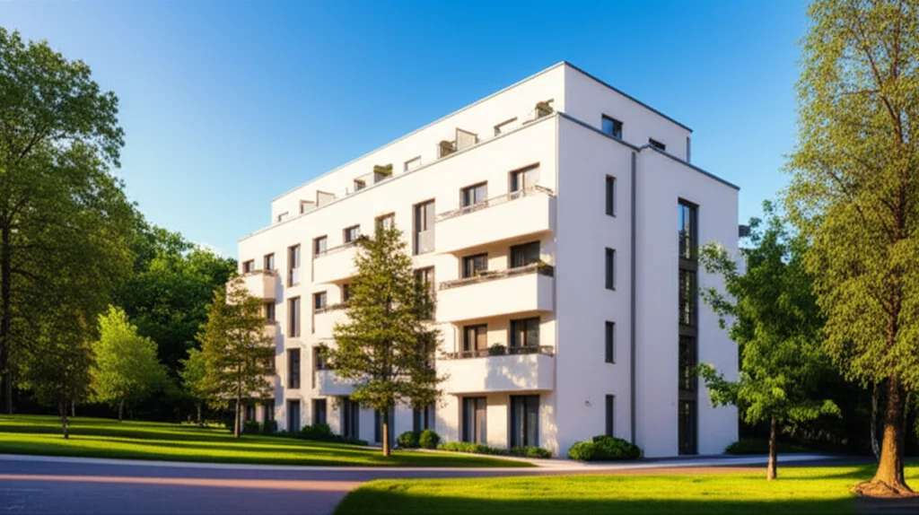 不動産投資はサラリーマンが有利？与信・融資・向いている人を解説 - 地方都市の住宅街に建つ白い外壁のアパート、青空と緑の木々を背景に