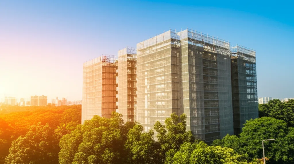 不動産投資はサラリーマンが有利？与信・融資・向いている人を解説 - 建物の外壁修繕工事中の足場が組まれたアパート外観、晴れた青空の下