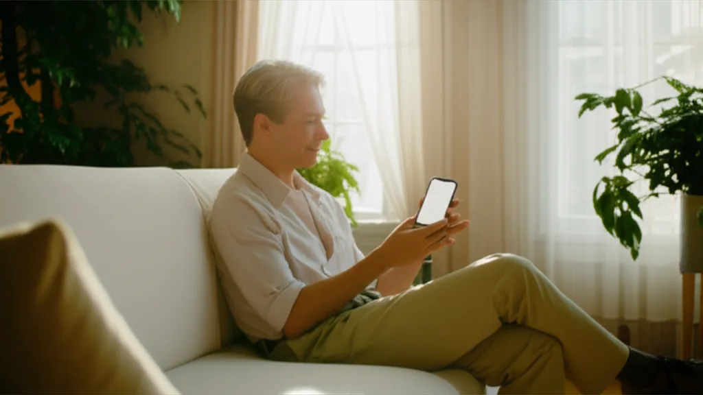 不動産投資はサラリーマンが有利？与信・融資・向いている人を解説 - 朝の光が差し込む明るいリビングで、スマートフォンを手にくつろぐビジネスパーソン