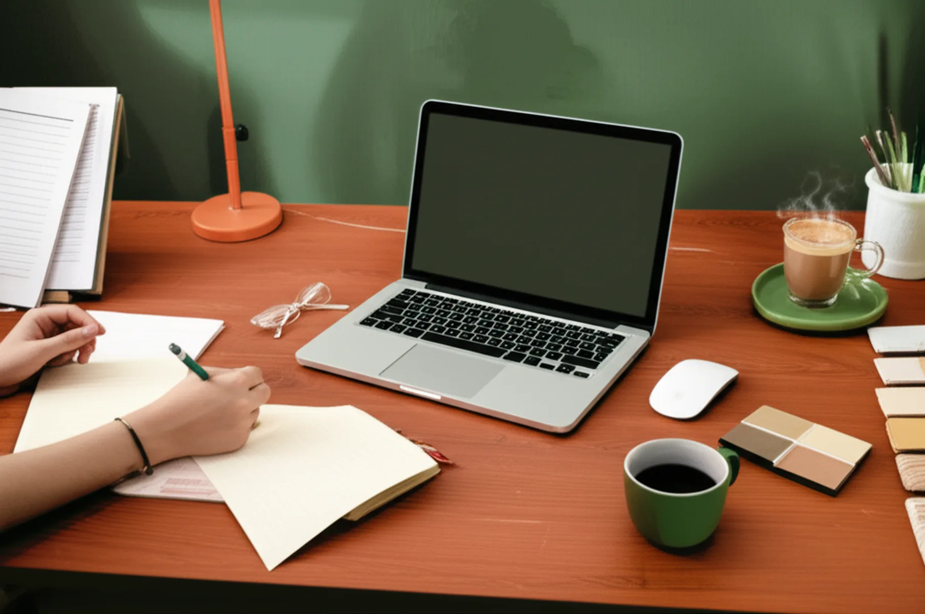 副業の実態調査で見えた「稼げる人・稼げない人」の分岐点 - 都心のカフェでノートパソコンを開き、スマートフォンも手元に置いて作業するスーツ姿のビジネスパーソン