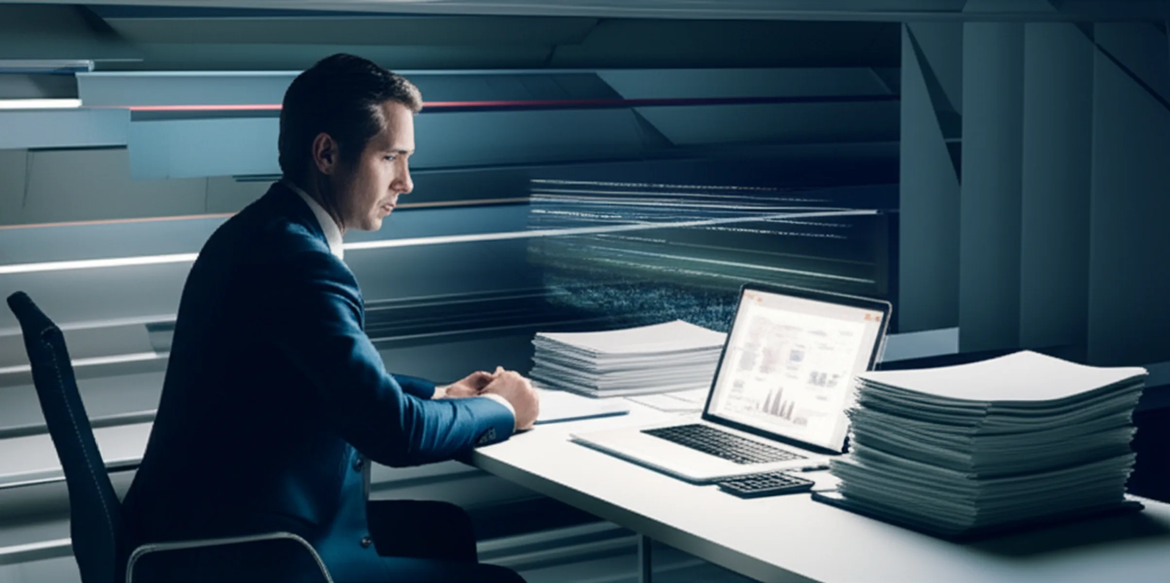 確定申告2026｜高所得者が直面する増税リスクと節税対策完全ガイド - 書類と電卓が並ぶデスクで、スーツ姿の男性がノートパソコンの画面を真剣に見つめているシーン