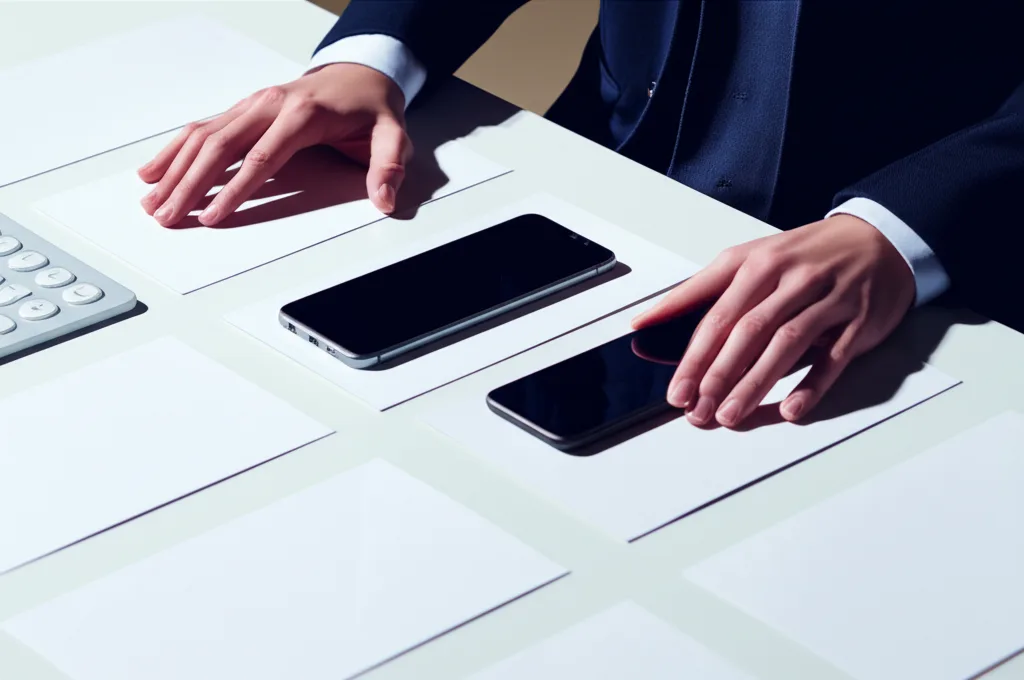 確定申告2026｜高所得者が直面する増税リスクと節税対策完全ガイド - 複数のスマートフォンと書類を広げながら計算機を操作するビジネスパーソンの手元クローズアップ