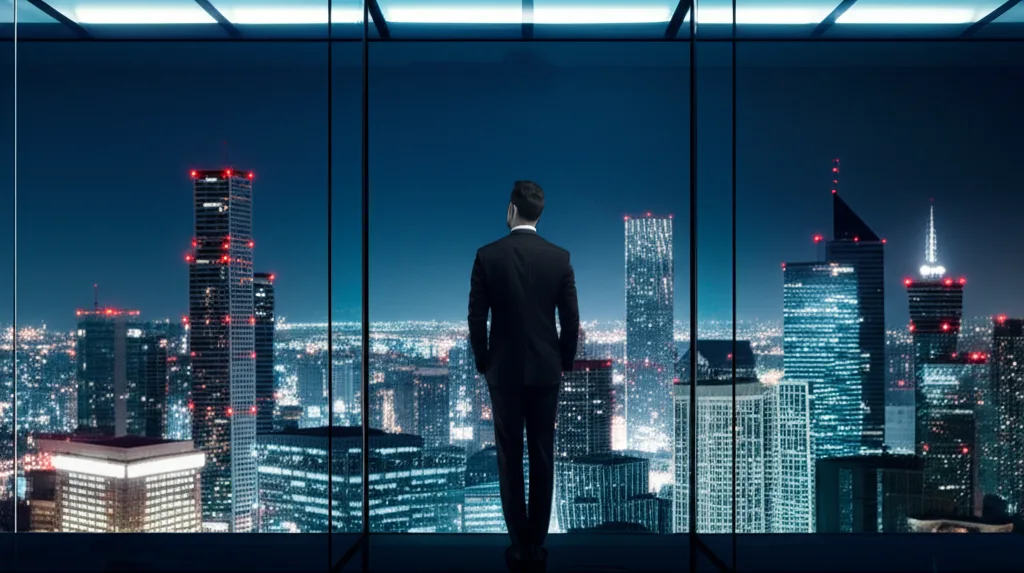 確定申告2026｜高所得者が直面する増税リスクと節税対策完全ガイド - 高層ビルが立ち並ぶ都心の夜景を背景に、スーツ姿の人物がガラス張りのオフィスで立っているシーン