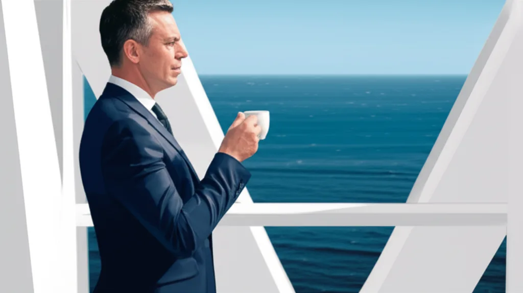 株の確定申告で国保が上がる？FIREを目指すなら知っておくべき節税の落とし穴 - 海沿いのテラスで、コーヒーカップを手にしながら遠くを眺めるリラックスした中年男性の横顔