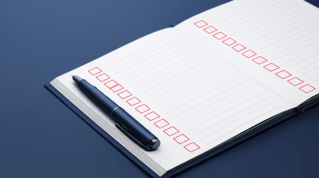 株の確定申告で国保が上がる？FIREを目指すなら知っておくべき節税の落とし穴 - 整理されたデスクの上に手帳とペンが置かれ、チェックリストが書き込まれているクローズアップ