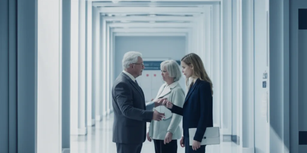 社会保障国民会議が示す2027年介護報酬改定と高所得者の負担増対策 - 高齢者と家族が病院の廊下で話し合っているシーン