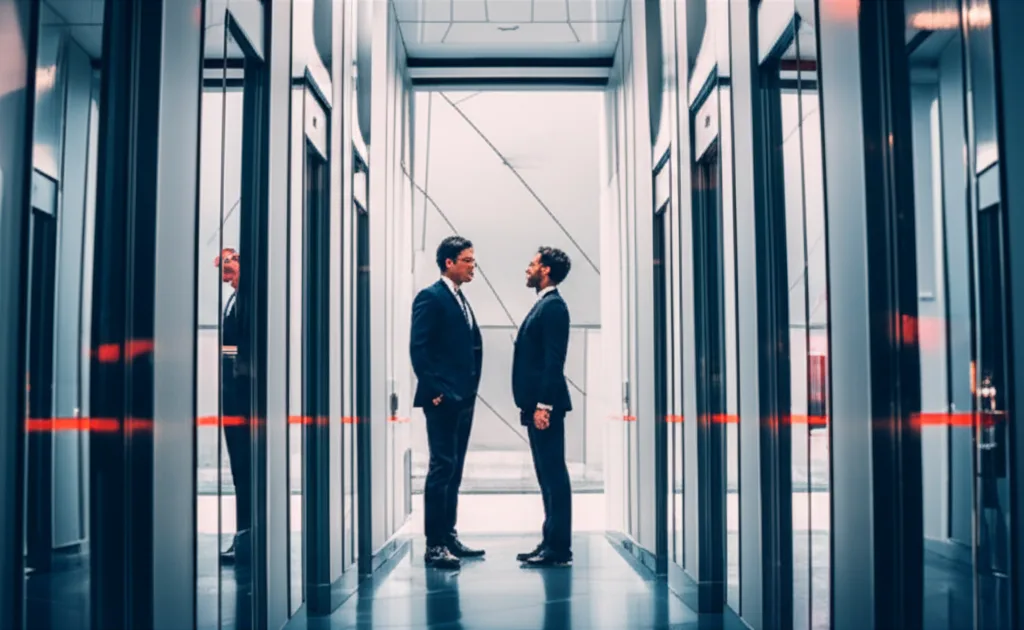 標準報酬月額の上限引き上げで年11万円負担増の全貌 - 高層オフィスビルのエレベーターホールで話すスーツ姿のビジネスパーソン2人