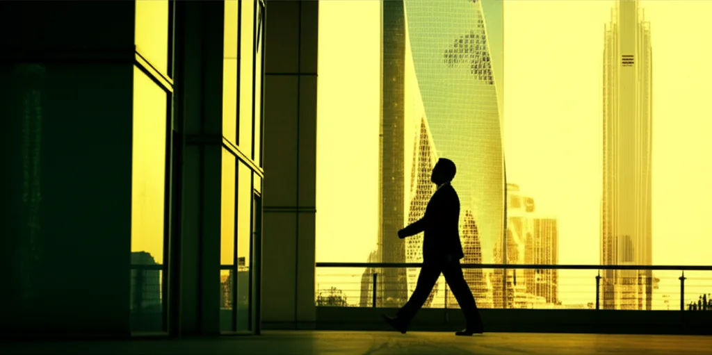 相続税対策の本質｜会社員が今すぐ始めるべき資産防衛の構造 - 夕暮れ時のオフィス街を歩くスーツ姿のビジネスパーソンのシルエット