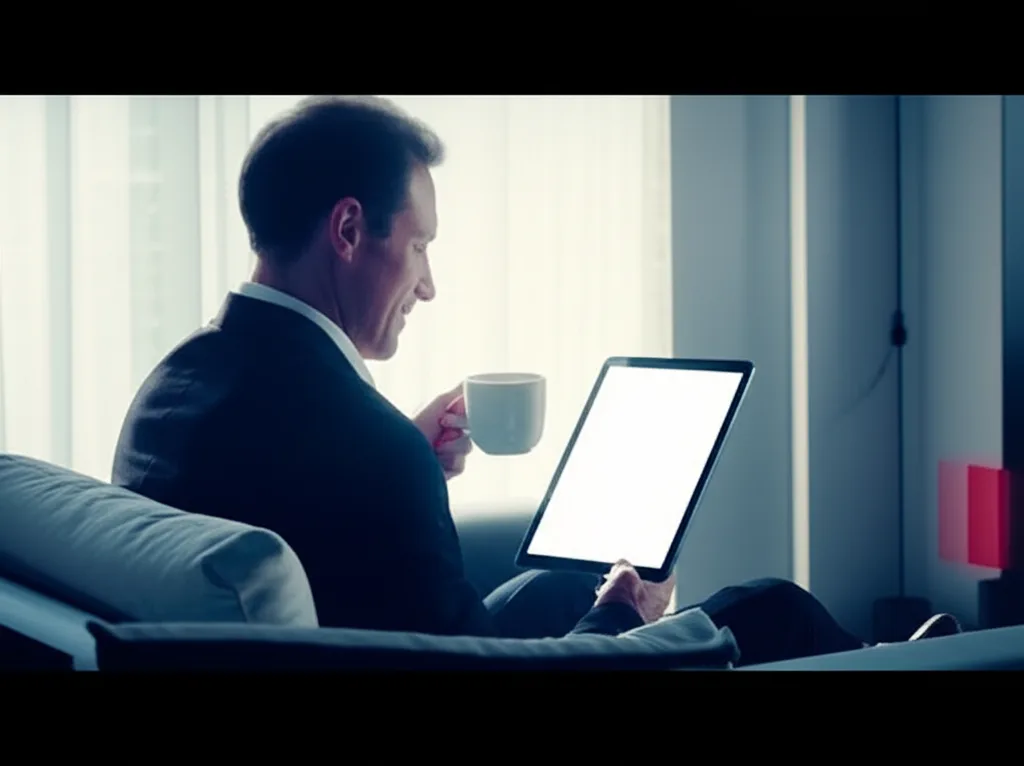 社会保障国民会議が示す2027年介護報酬改定と高所得者の負担増対策 - 朝の光が差し込む明るいリビングでコーヒーを飲みながらタブレットを見る男性のシーン