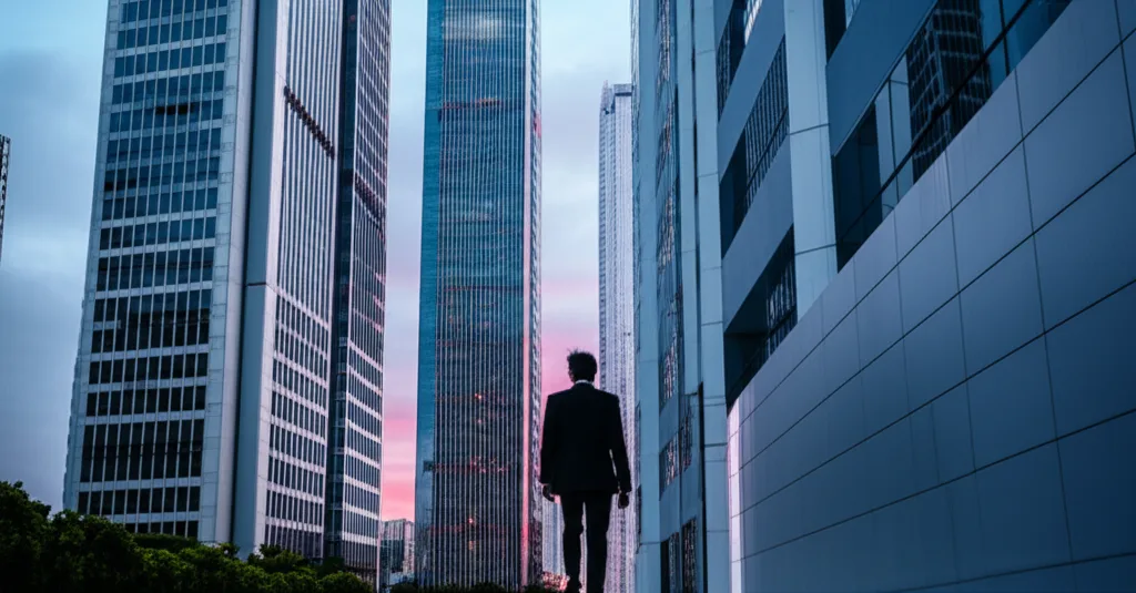 社会保障国民会議が示す2027年介護報酬改定と高所得者の負担増対策 - 夕暮れ時の都心のオフィス街を歩くビジネスパーソンの後ろ姿のシーン