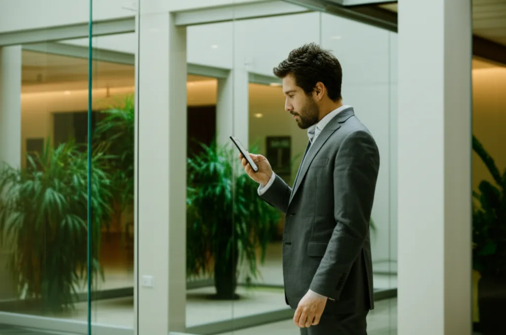 相続税対策の本質｜会社員が今すぐ始めるべき資産防衛の構造 - ガラス張りのオフィスビルのロビーで、スーツ姿の男性がスマートフォンを操作しているシーン